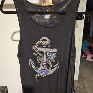 Torrid Black Tank Top with‎ Floral Anchor Design